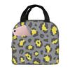 Yellow and Grey Leopard Print Pattern Lunch Tote Bag Insulated Leakproof Lunch Box Container with Front Pocket for Girls Boys
