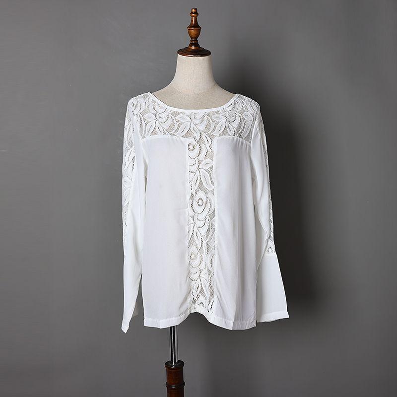 

Весна и Осень Лето Новый Продукт Женская Одежда K-стиль Мода Кружевная Вставка Свободная Рабочая Одежда Тонкий Вырез Длинные Рукава Шифоновая Рубашка Мода White XL