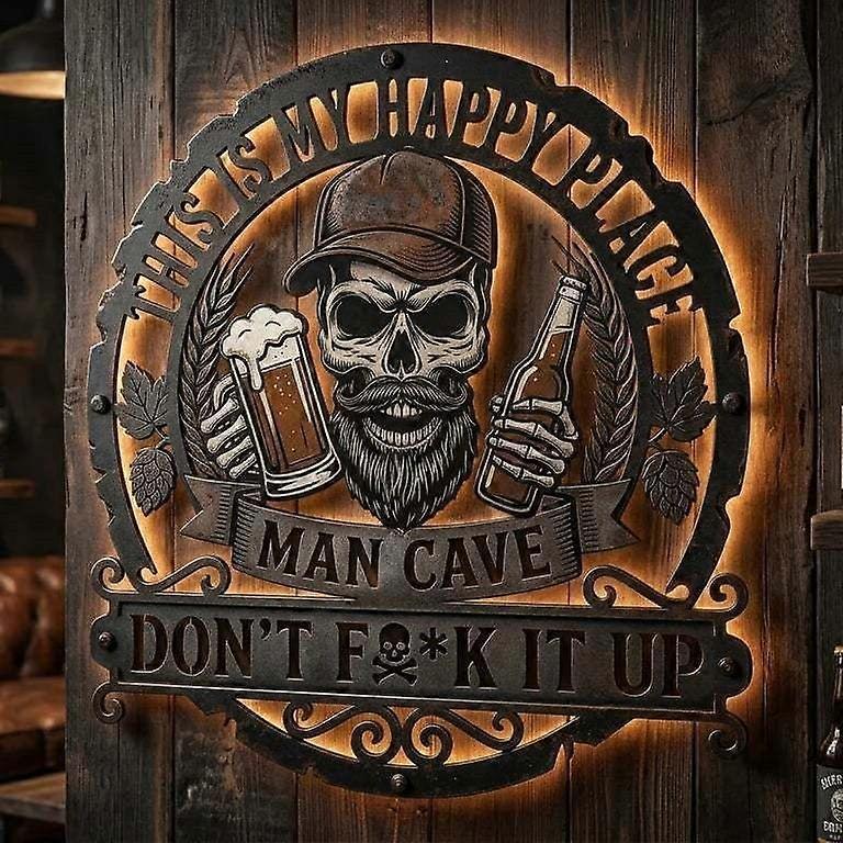 Funny Skull "This Is My Happy Place" Metal Wall Sign, Man Cave Decor