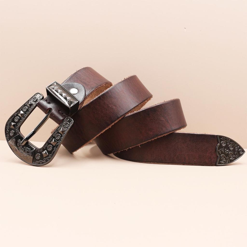 Men's Genuine Leather Western Belt with Texan Buckle - Top Layer Cowhide, Retro Style, Stock Clearance.