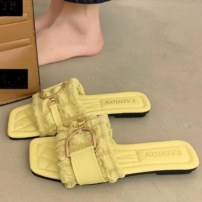 Luxury Summer New Large Size Sandals Square Head Flat Bottom Metal Buckle Slippers Comfortable Sweet Beauty Casual Slippers