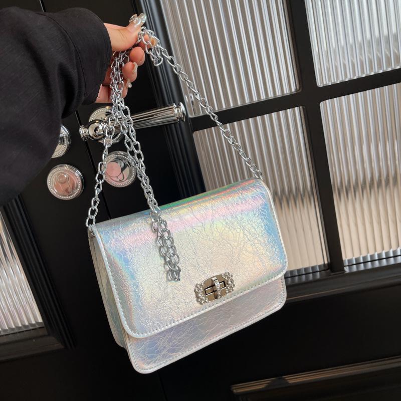 Silver Bag Women's 2025 New Summer Versatile Oil Wax Surface Chain Shoulder Messenger Bag, Popular Small Square Bag This Year