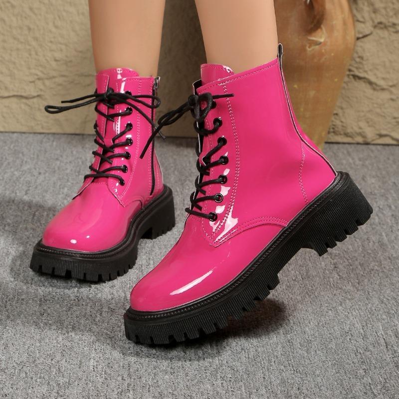 

Plus Size Side Zip Kid Heel Booties Fall New Round Toe Lace-Up Front Patent Leather Non-Slip Single Boots 42