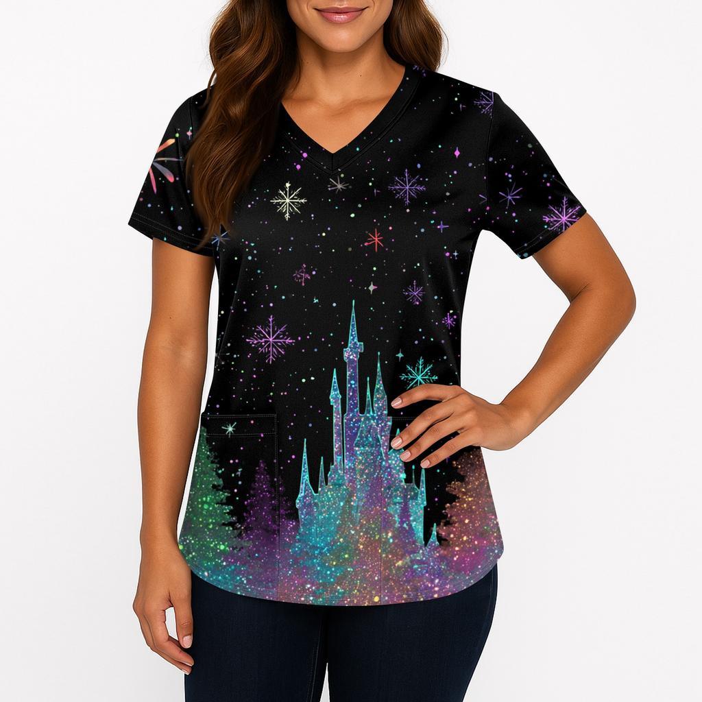 Women's Printing Uniform Work Uniform V-neck Pockets Basic Short Sleeve Pullover Top