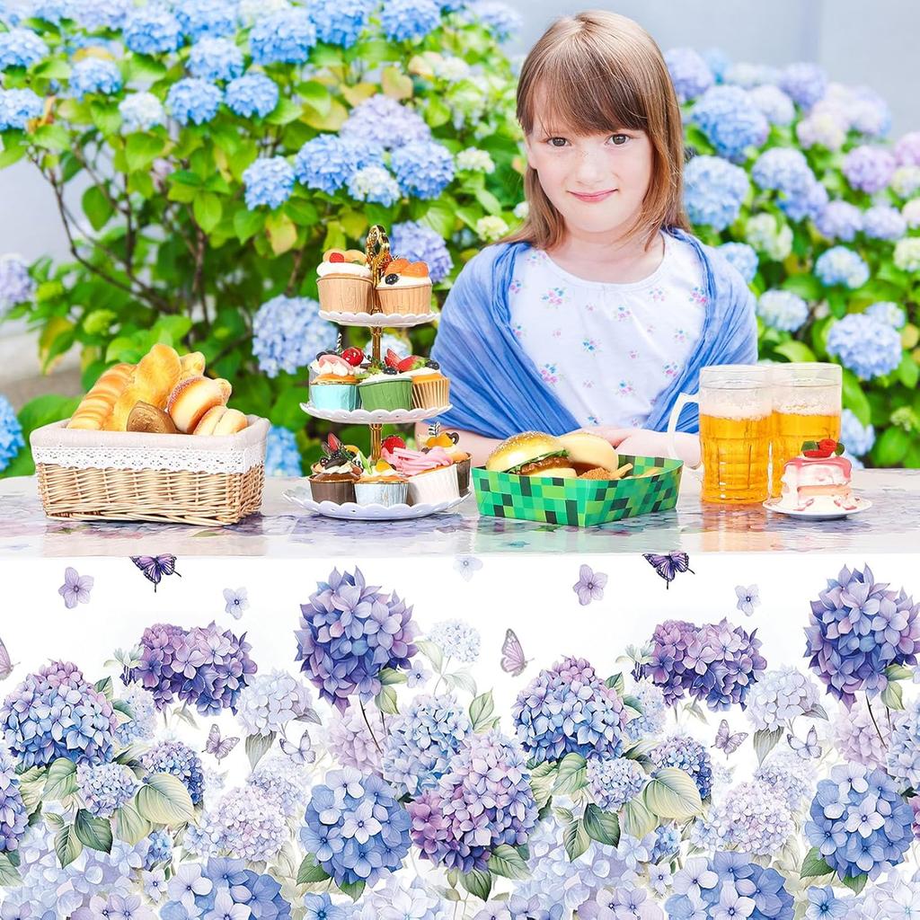 Peryiter 3 Pcs Spring Hydrangea Plastic Tablecloths Watercolor Flower Butterfly Tablecloth Disposable Table Cover Floral Table Cloth for Easter
