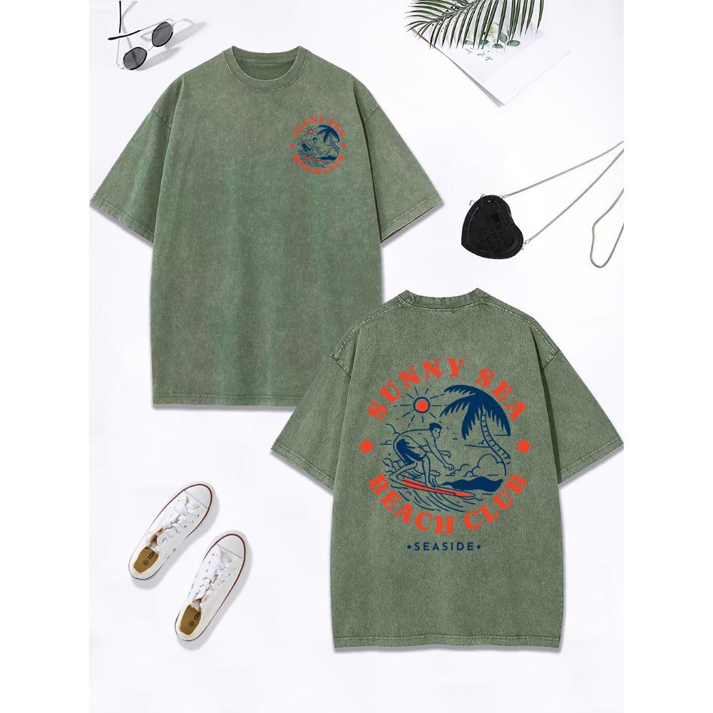 Sunny Sea Beach Club Surf Prints Washed T-Shirt Women Cotton Oversize T Shirt Comfortable O-Neck Distressed Tops Clothes