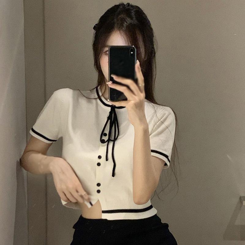 Woman's Knitted Short-sleeved Tops Sweet Bow Tie Shirt Casual Female Tee
