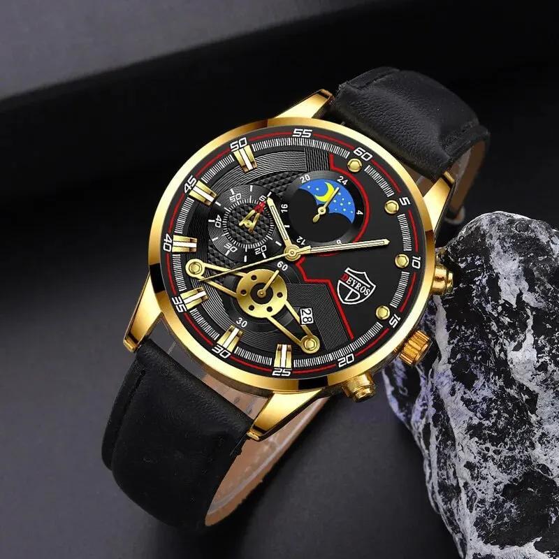 DEYROS Fashion Mens Sports Wristwatches Luxury Leather Quartz Calendar Watches For Men Business Casual Watches Reloj Hombre