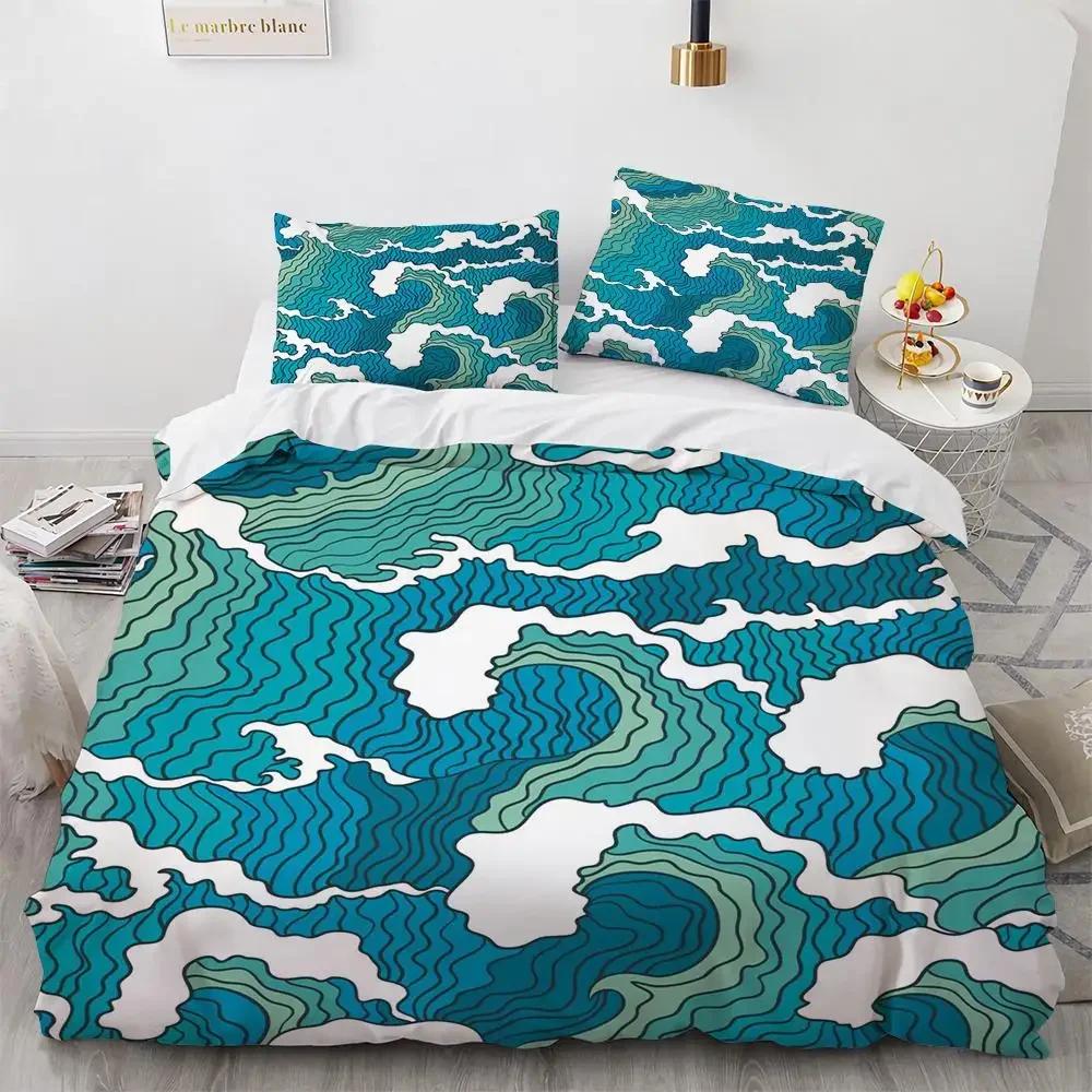 Sada povlaků na přikrývku Wave Vzor Hokusai Japonský povlak na přikrývku Ukiyoe Orientální styl náčrtu Ocean Queen Twin Polyesterová sada povlečení