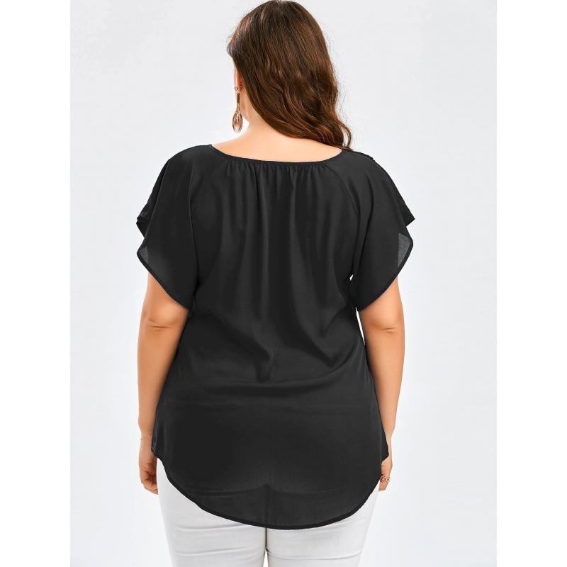 Lace V Neck Loose Women Blouse Large Size Lace-up Short Sleeve Shirts Ladies Solid Color Loose Sweet Office Elegant Fashion Simple Clothing