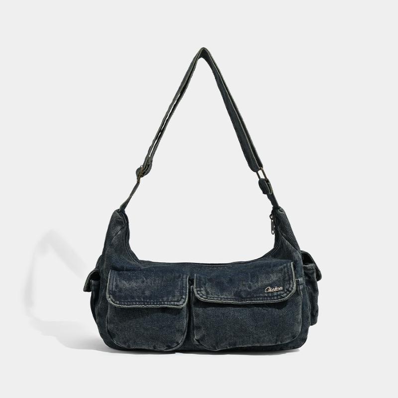 

2025 Новая сумка из выстиранного денима, универсальная сумка с карманами, ретро сумка через плечо, сумка-тоут под мышкой синий