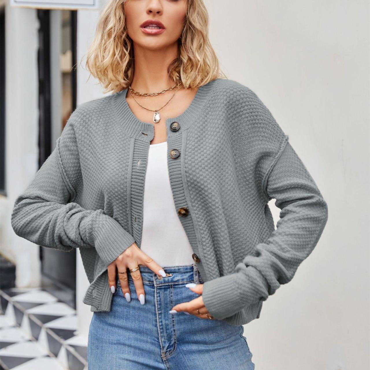 

QICED женские модные повседневные однотонные свободные свитера с длинными рукавами на осень и зиму с принтом XL серый