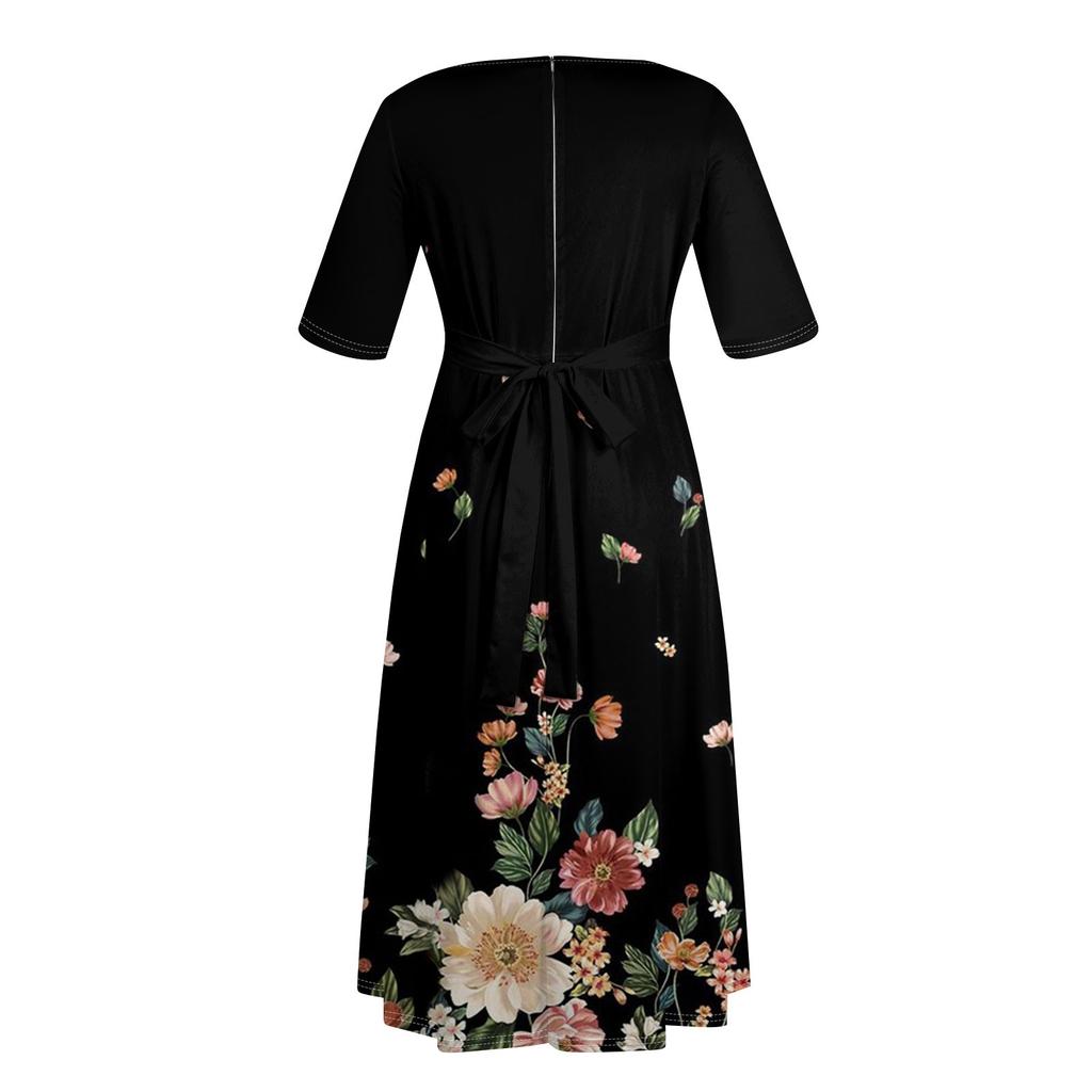 Dámská ležérní móda Velká velikost s přechodovým potiskem s kulatým výstřihem, tříčtvrtečním rukávem, popruhy na kapsy, houpací šaty