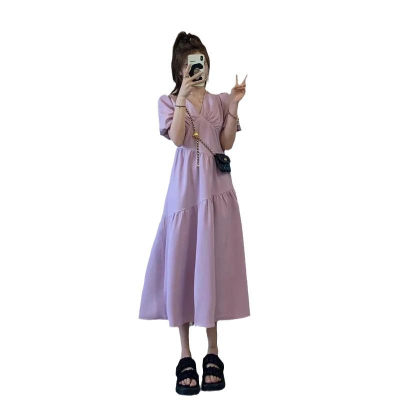 Women's High-End Purple Petite Bubble Sleeve Long Dress for Early Spring