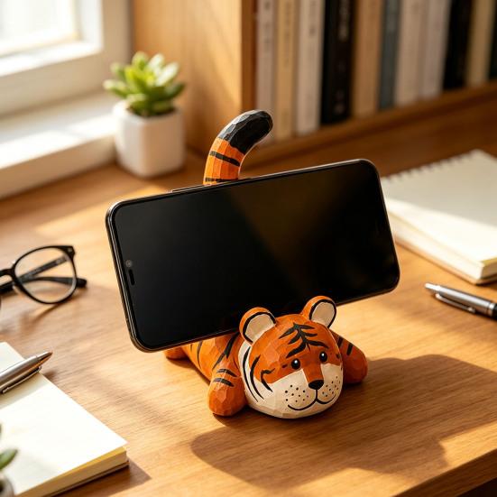 Tiger Cat Desktop Ornament Wooden Phone Stand, Ornament, Cute Artistic Sculpture Animal Holder, Handmade Decor, Creative Gift for Friends Office Desk