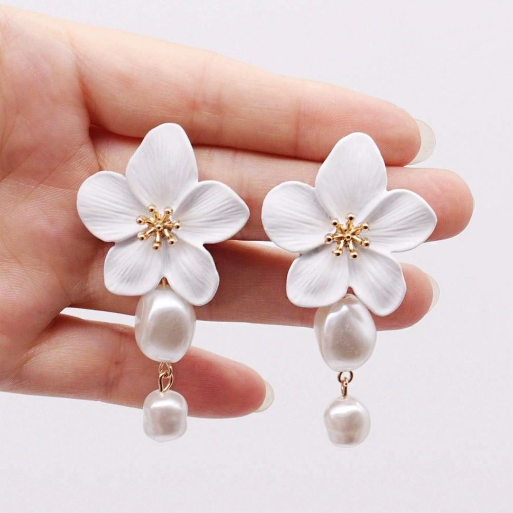 White Flower Drop Earrings Drop Shape Dangle Earrings Fashion Imitation Pearl Earrings  Gift