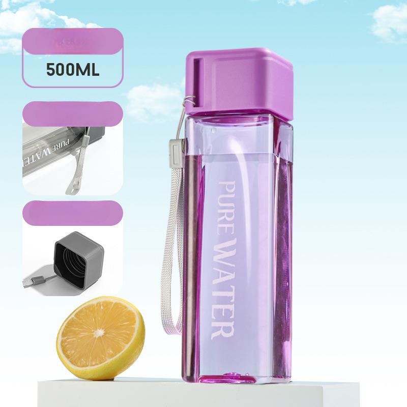 500ml Large Capacity Square Shape PC Plastic Water Bottle With Carrying Rope Portable Straight Drink Cup For Office Outdoor Gym