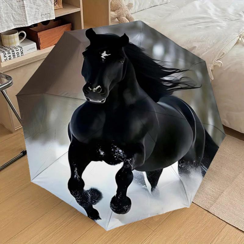Black Horse In Snow: Automatic Opening/Closing Umbrella with Foldable Design, Ideal for Fans, Travelers, Daily Use, and Festive Gifts!112520