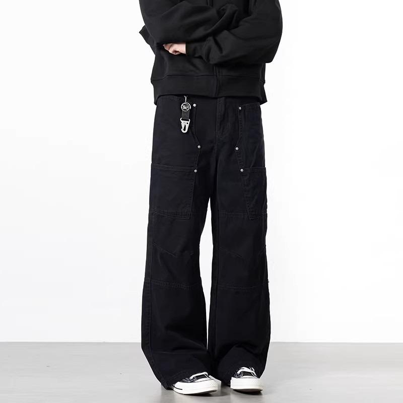 Splicing multi-pocket tooling casual pants men's versatile casual simple and comfortable loose wide-leg straight solid-color trousers