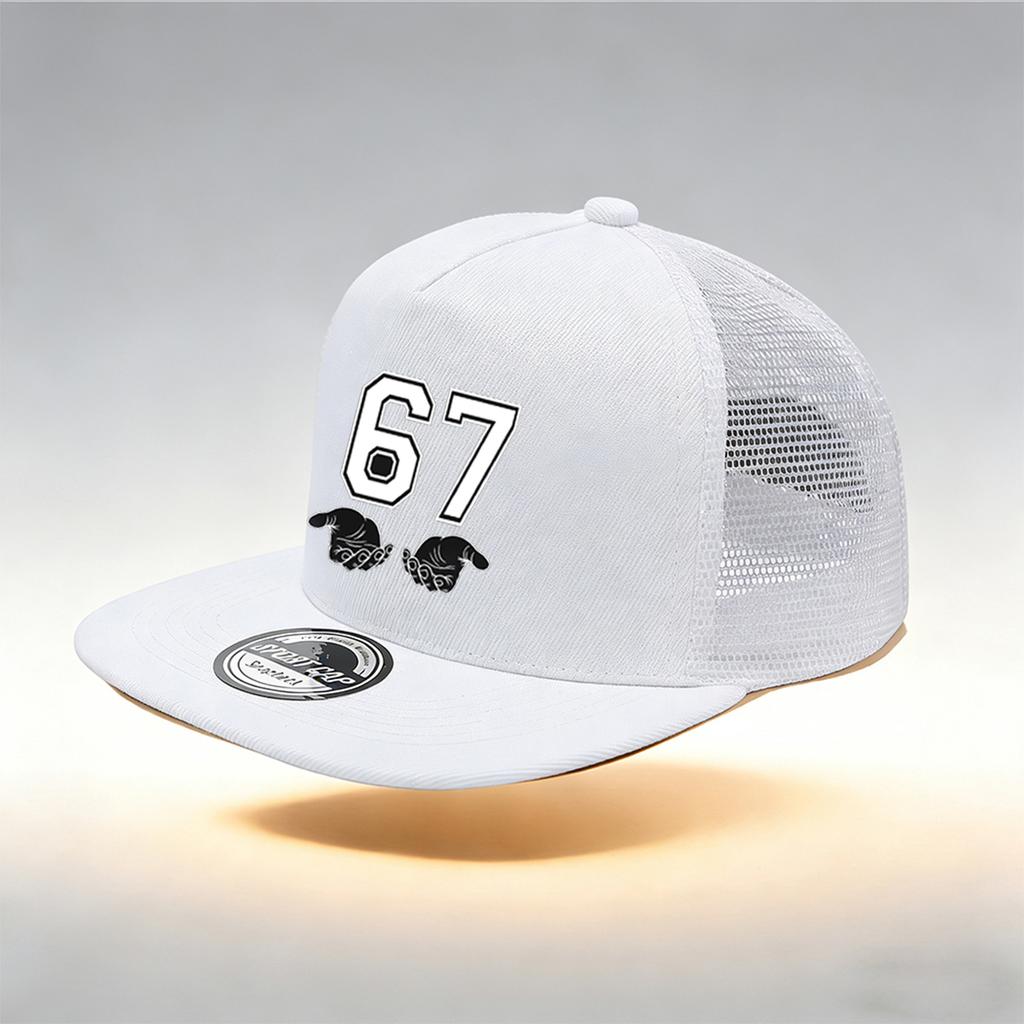 1/2 STKS Platte Rand Mesh Trucker Cap, Ademend, 67 Nummer Hand Gebaar Print, Retro Hip Hop Streetwear voor Mannen Vrouwen