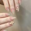 30Pcs 3D Cat‑Eye Press‑on Nails Light Cream Apricot Gradient Light Gold Ice Flower Lily Elegant Euro Ins Style Removable Nails