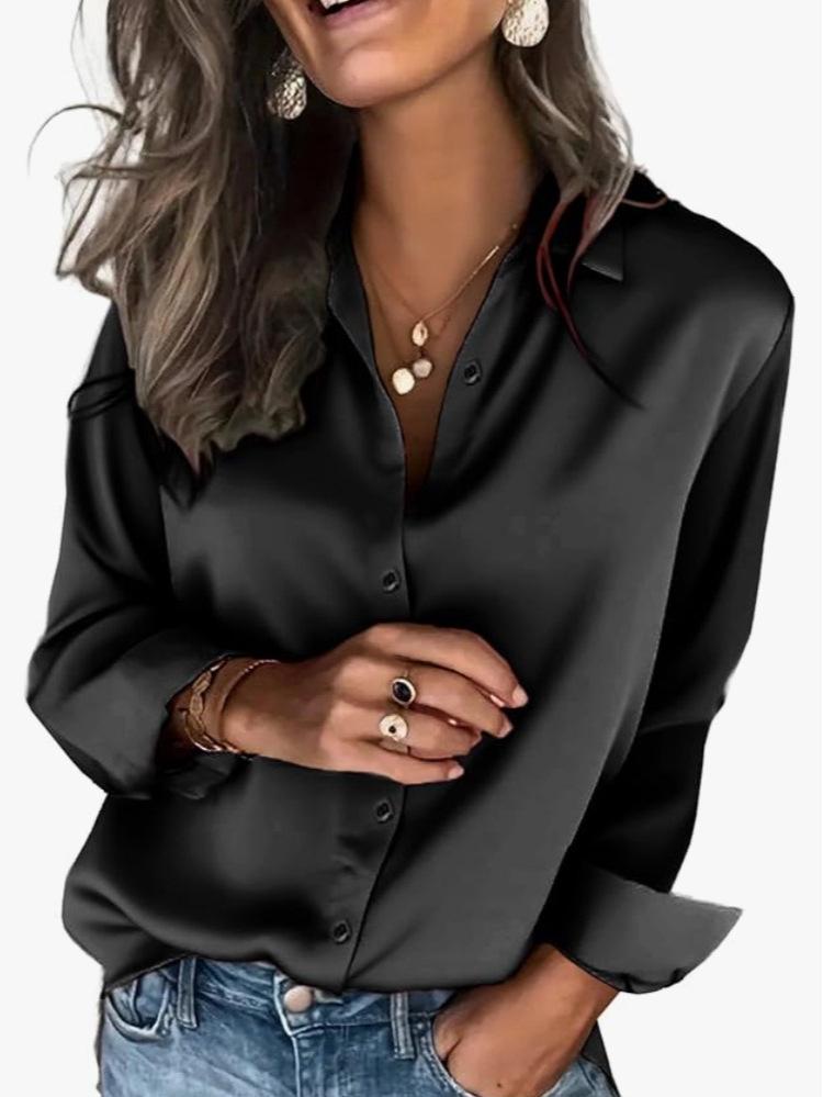 Elegant Women's Solid Color Satin Long Sleeve Shirt with Retro Buttons
