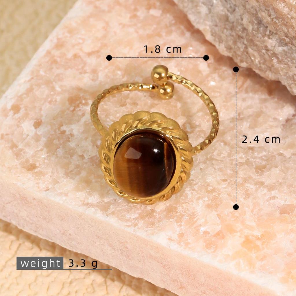 18K Gold-Plated Stainless Steel Open Adjustable Retro Natural Stone Ring