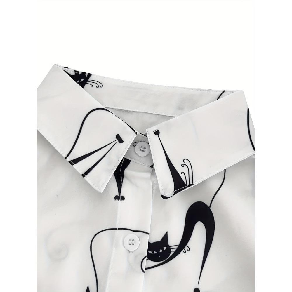 Casual Kitten Pattern Daily Commute Lapel Button-down Shirt