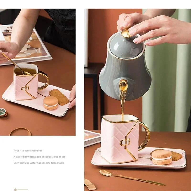 Handbag Style Coffee Mug Ceramic Cups with Dessert Plate Spoon Milk Tea Juice Water Mugs Desktop Drinkware Decor Birthday Gifts