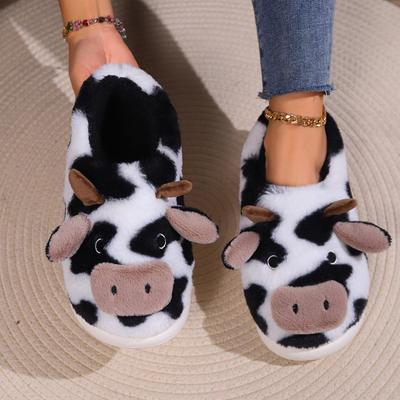 Zapatillas de Felpa con Tacón de Vaca de Dibujos Animados - Zuecos de Invierno Cálidos, Antideslizantes para Interiores