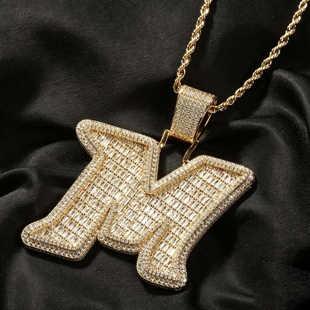 THE BLING KING Big Baguettecz Letter M Pendan Iced Out Cubic Square Zirconia Charm Choker Necklace Hiphop Jewelry