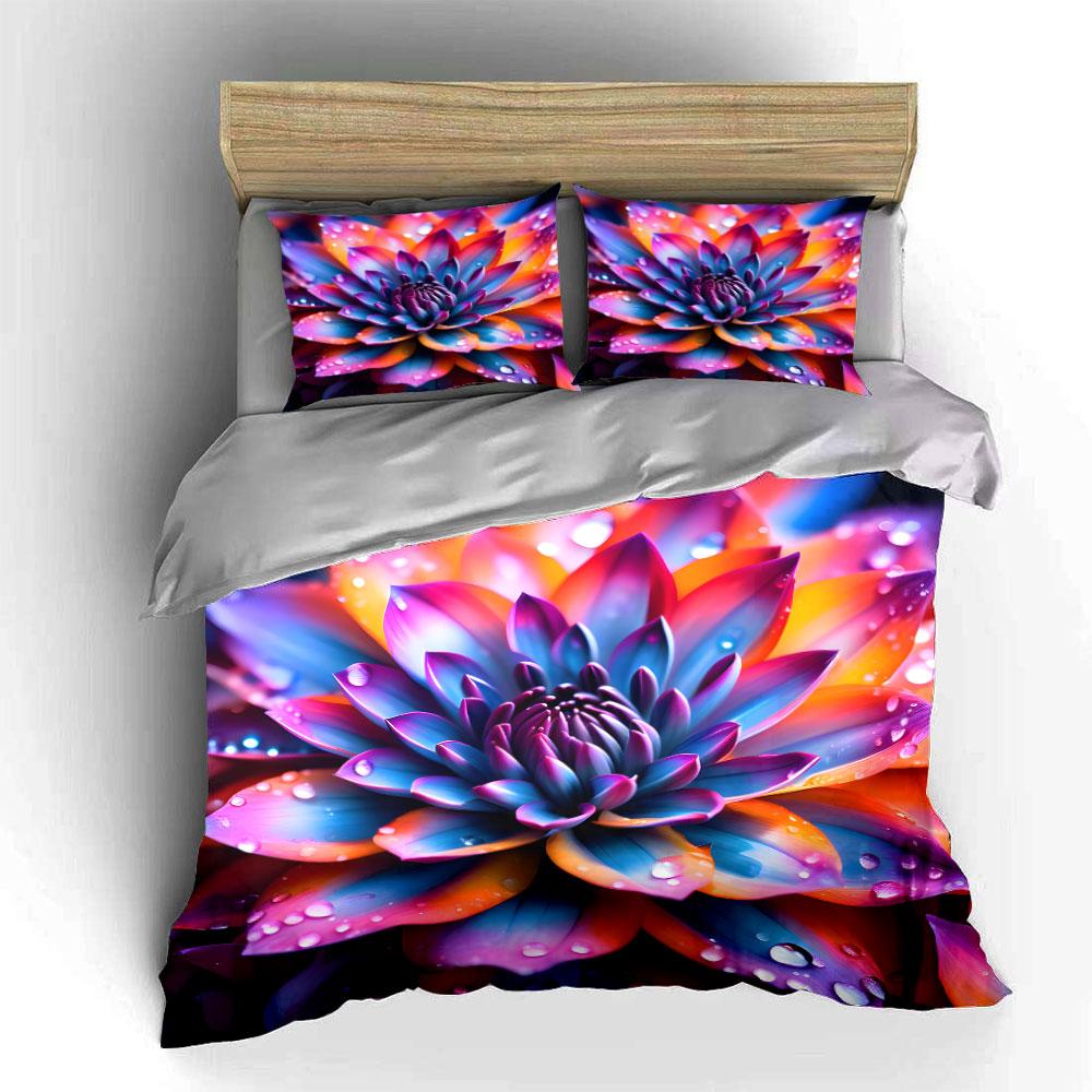 3Pcs Colorful Lotus Bedding Set Vibrant Rainbow Flower with Water Drops Print Duvet Cover + 2 Pillowcases for Bedroom Decor
