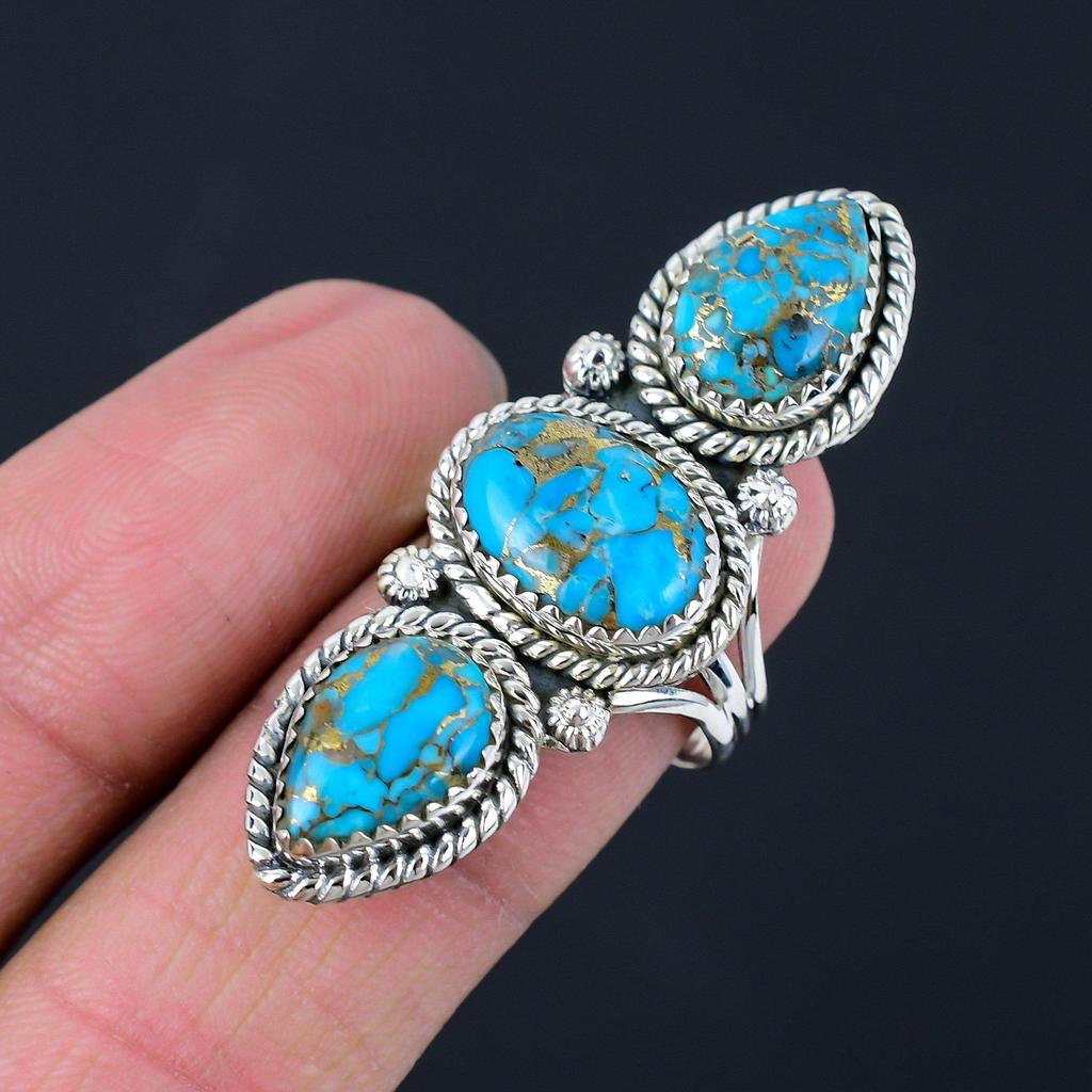 Blå Koppar Turkos Ädelsten Solid 925 Sterling Silver Tre Stenar Handgjord Statement Ring Smycken