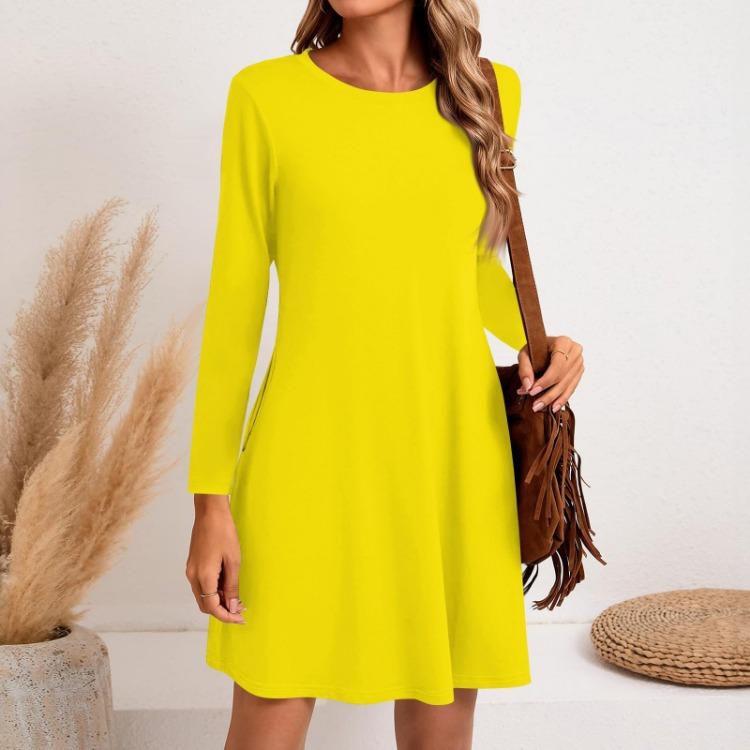Casual Long Sleeve Side Pocket Dress Women Solid Color Round Neck Fashion