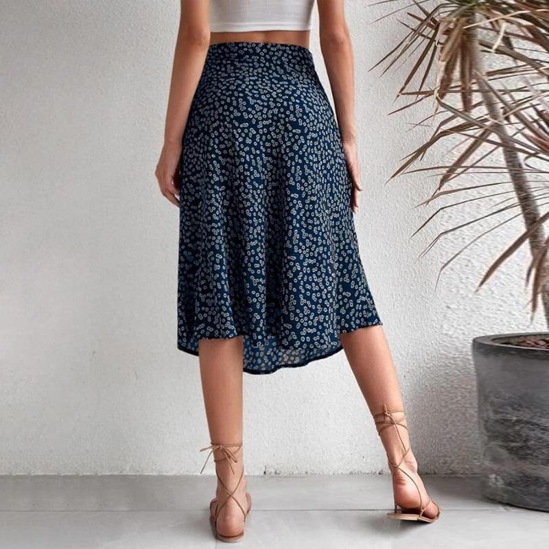 Ditsy Floral Boho Skirt for Women with Slit Summer High Waisted Flowy Midi Skirt Casual A-Line Split Beach Skirt