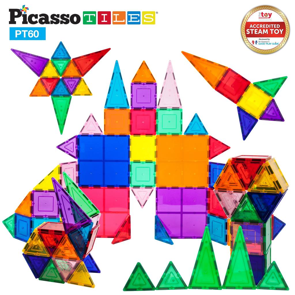 PicassoTiles 60-Piece Set of Magnetic Building Tiles, Clear Magnetic 3D Building Blocks for Construction Playboards - Unbelievable Creativity,