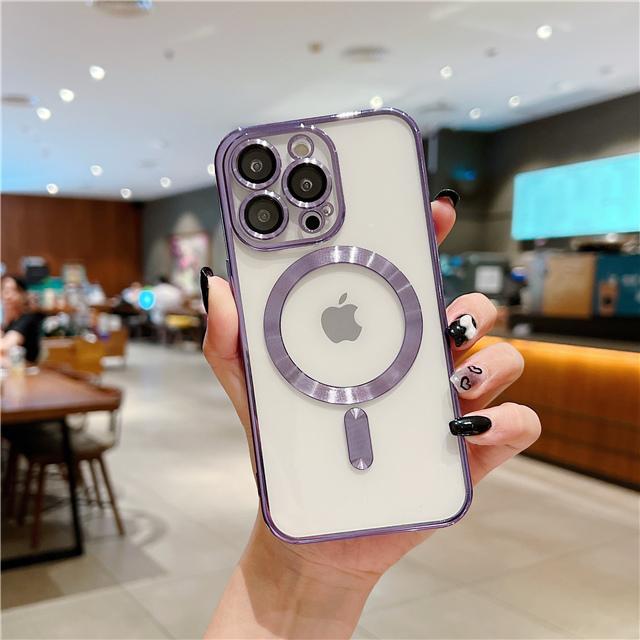 For iPhone 15 16 Pro Max Luxury Magsafe Magnetic Plating Frame Transparent Phone Case For iPhone 11 12 13 14 15 Plus Lens Cover