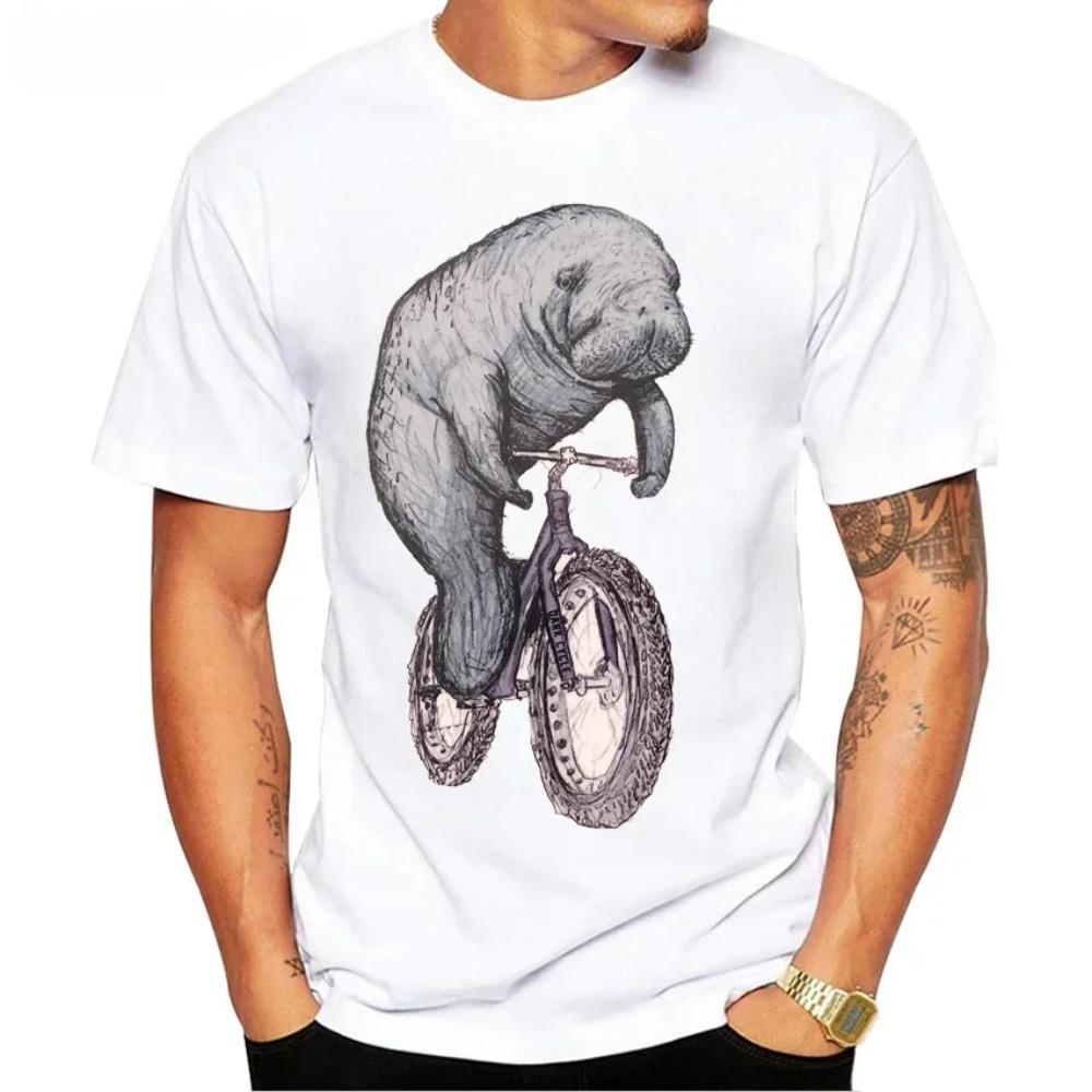 Sea Turtle And Fixed Gear Bike Retro T-Shirt New Summer Men Short Sleeve Hip Hop Boy Casual Tops Funny Animal Design White Tees