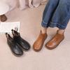 Johnature Genuine Leather Women's Short Boots Retro Side Zipper Round Toe Flat Chelsea Boots