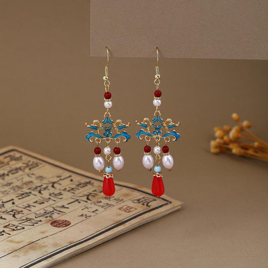 Elegant Butterfly Water Drop Pearl Tassel Earrings for Women - Traditional Qipao Style