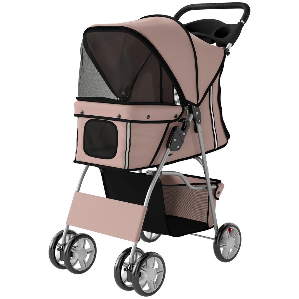 Folding Dog Stroller with Reflectors, Swivel Wheels, Brakes, and Washable Cushion, Coffee