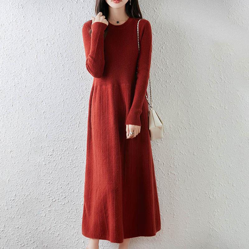 Women's Long Sleeve Knee-Length Pure Wool Slimming Dress