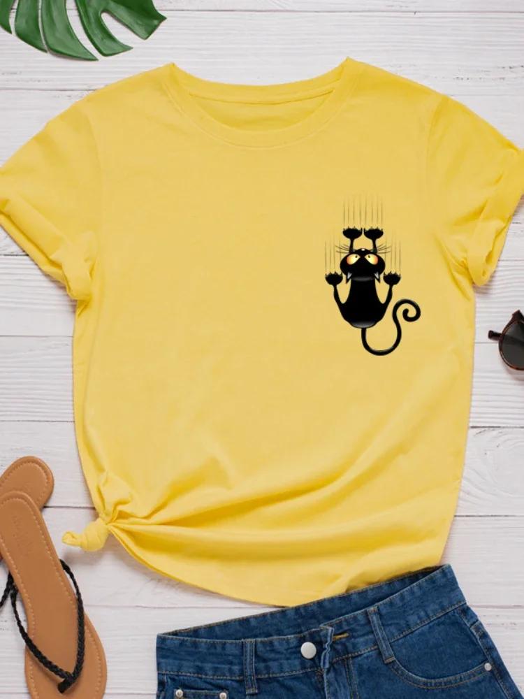 Pocket Black Cat Print T Shirt Women Short Sleeve O Neck Loose Tshirt Summer Women Causal Tee Shirt Tops Camisetas Mujer