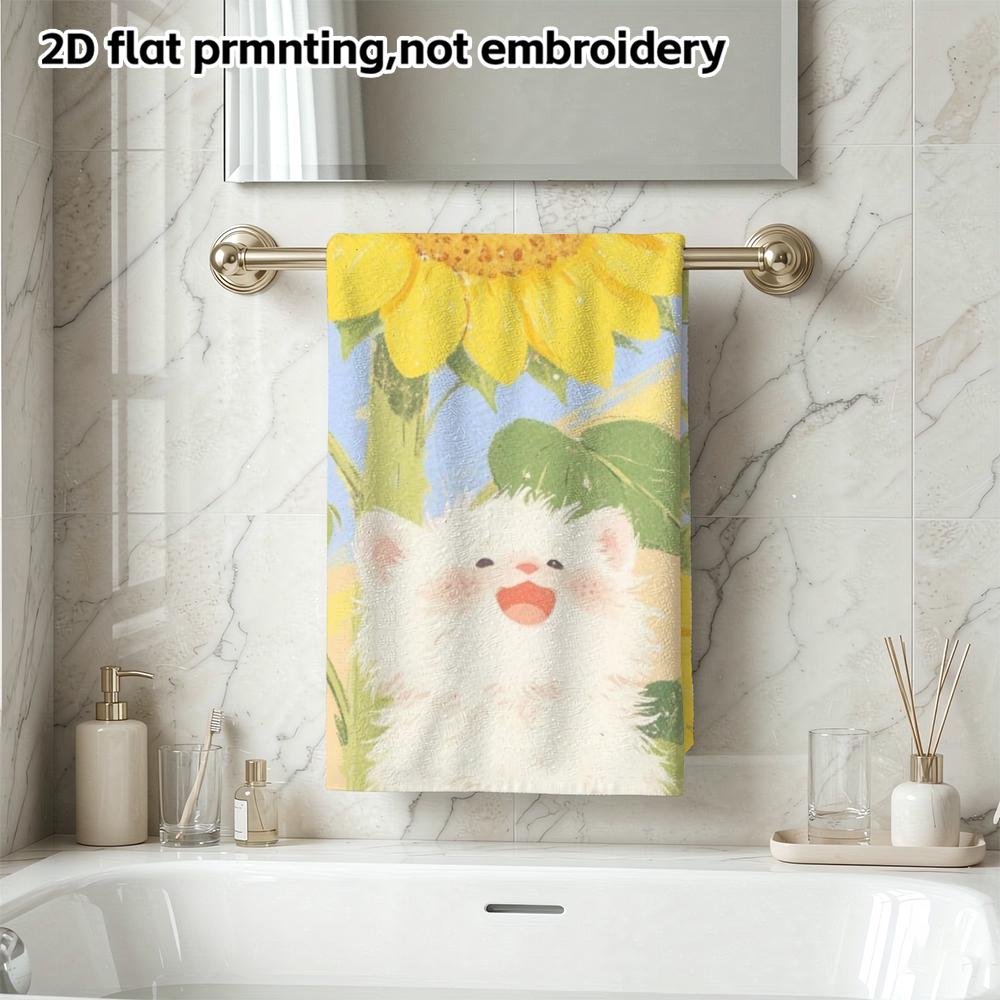 Smiling Cat Sunflower Hand Towel, Super Absorbent Bathroom Towel