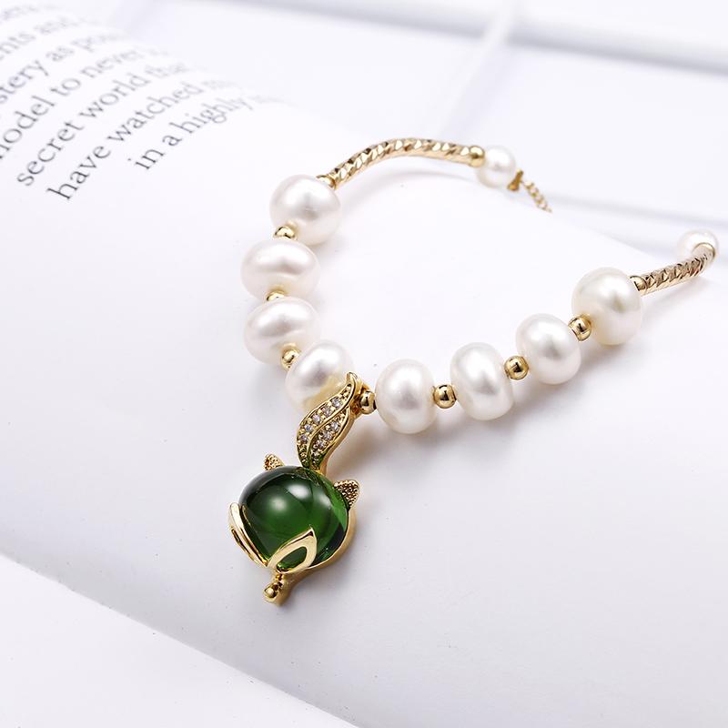 Dolce Design Animale Volpe Calcedonio Verde Perla d'Acqua Dolce Naturale Placcato Oro 14K Bracciale Charm Femminile Regalo di Anniversario Senza Sbiadimento