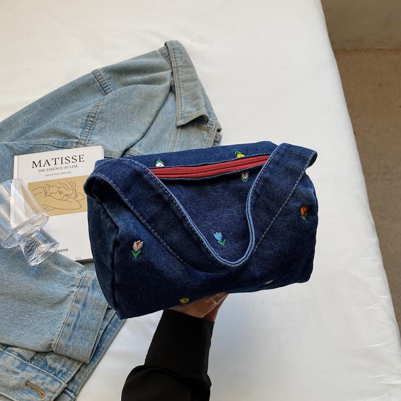 Denim Small Square Bag Flower Embroidery Lightweight Women's Shoulder Bag