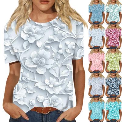 Women's Casual 3D Floral Printed Casual Short Sleeve T-shirt Pullover Round Neck Short Sleeve Top