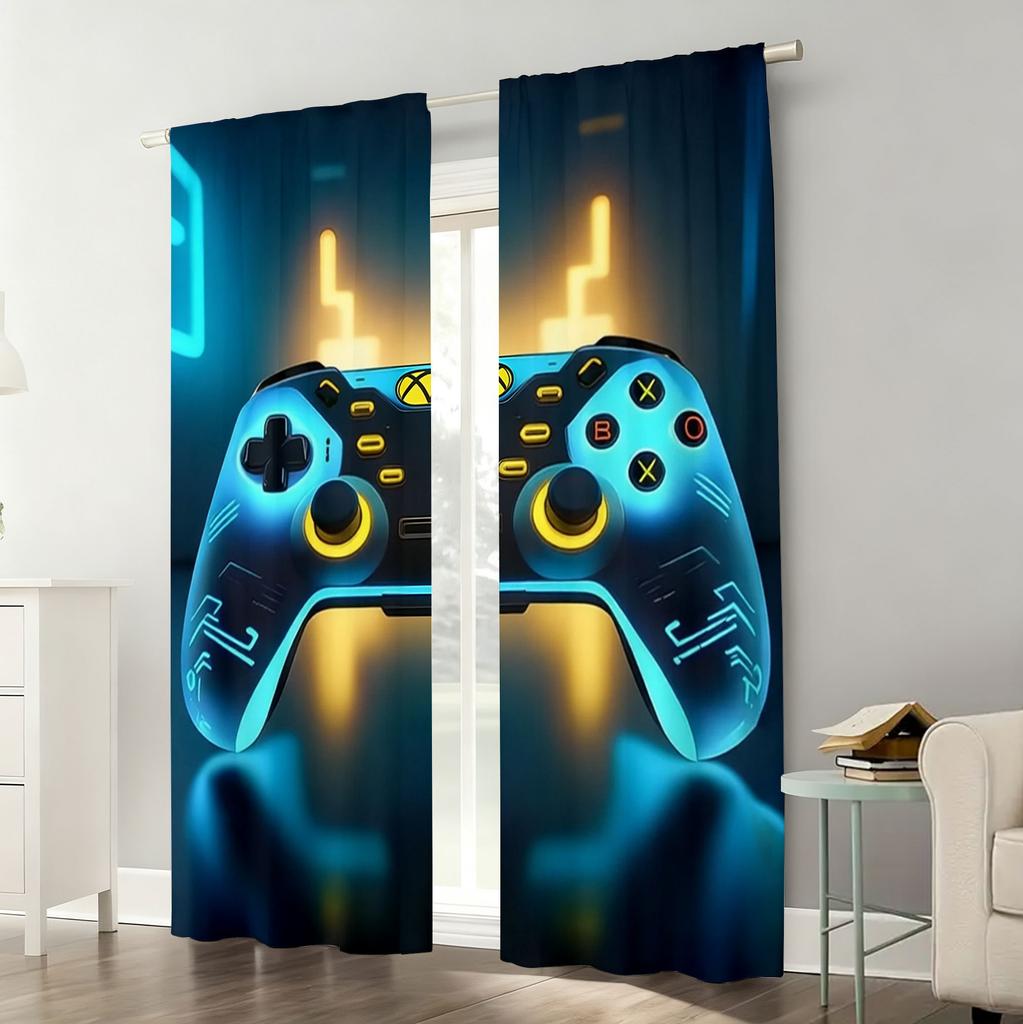 2PC Blue & Yellow Gaming Controller Curtains - Futuristic Neon Print Window Drapes for Boys Bedroom Game Room Decor