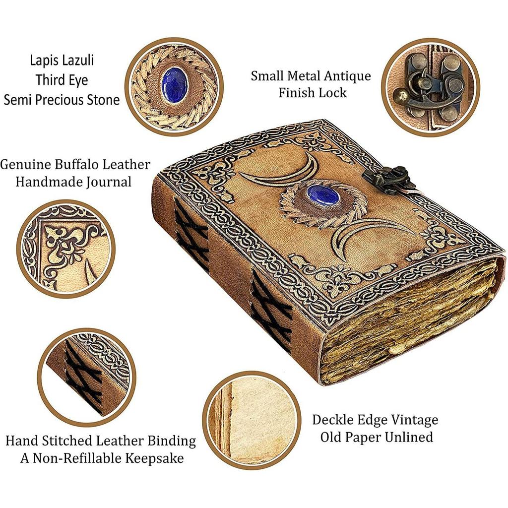 Vintage Läder Keltisk Trefaldig Måne Grimoire Svart Skuggornas Bok Besvärjningsbok Journal för Män Kvinnor, Wicca Wiccan Pagan Hekseri Skrivbok