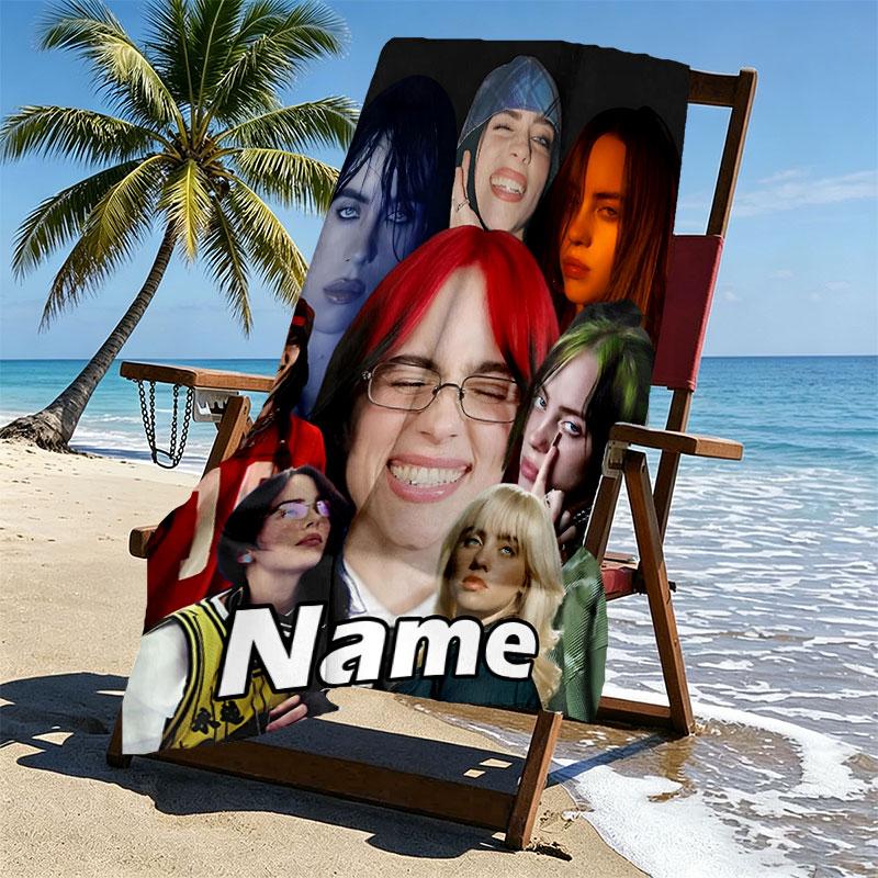 Custom Name Personalized Billie Eilish Print Beach Towel, for Trip Camping Beach Party Home Decor, Birthday Gift for Family & Friends